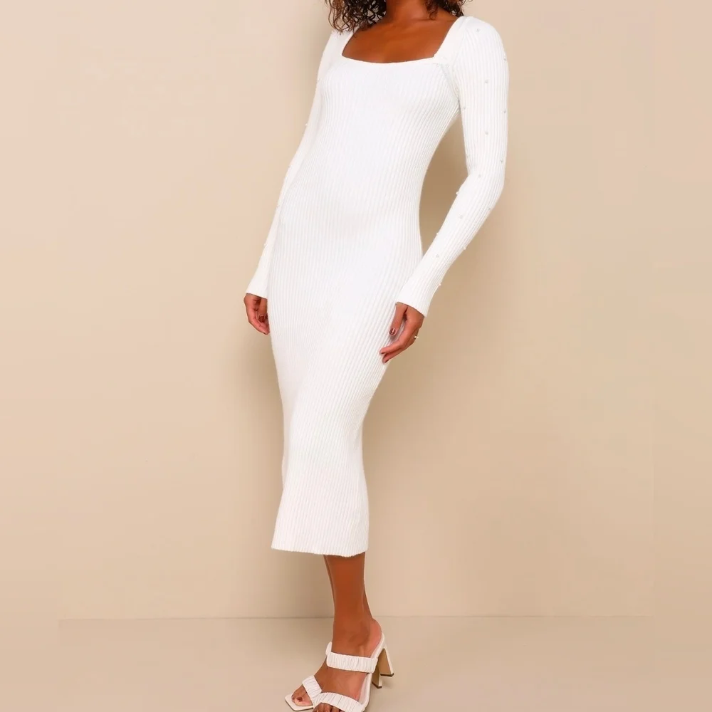 Lulus L Gleaming Babe White Ribbed Knit Pearl Midi Sweater Dress, Size Large